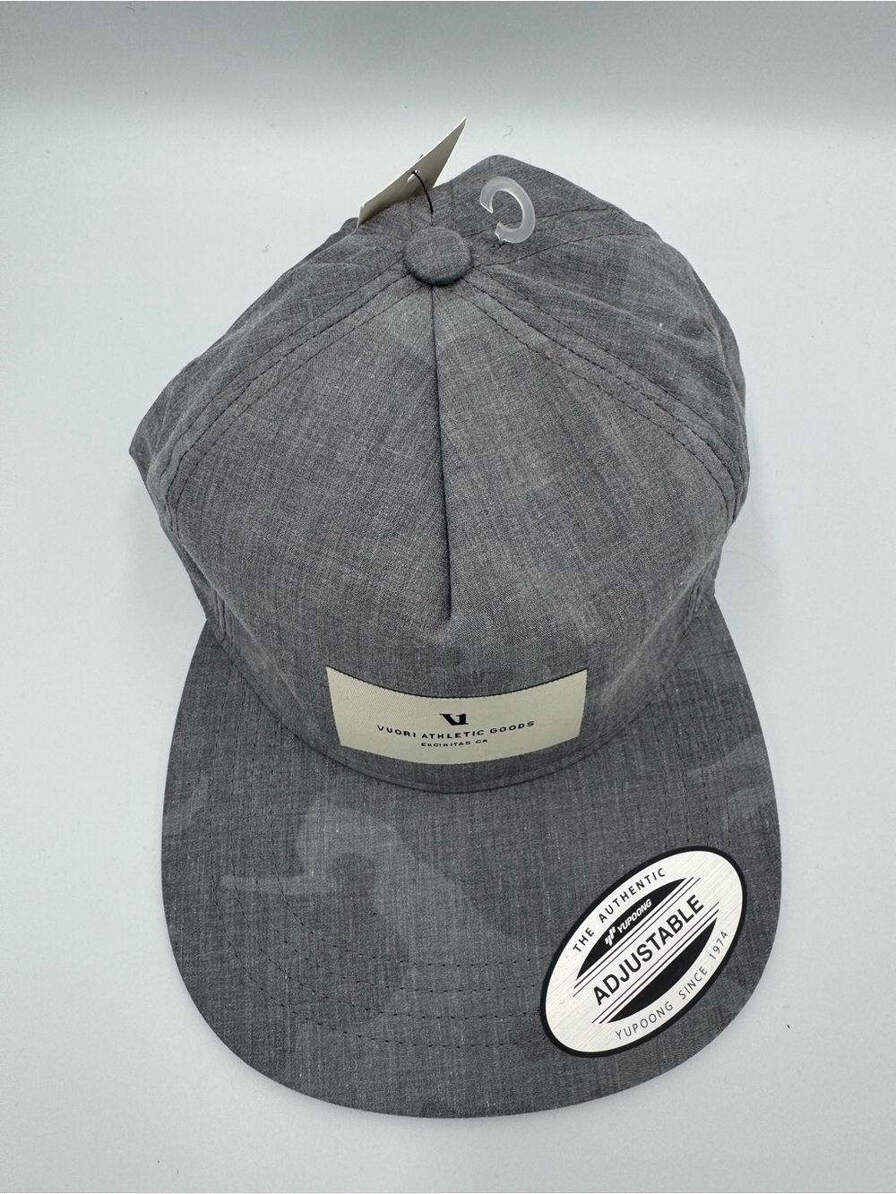 Vuori Gray Five-Panel Adjustable Cap/ Front Patch with faint camo design on brim - Picture 3 of 9